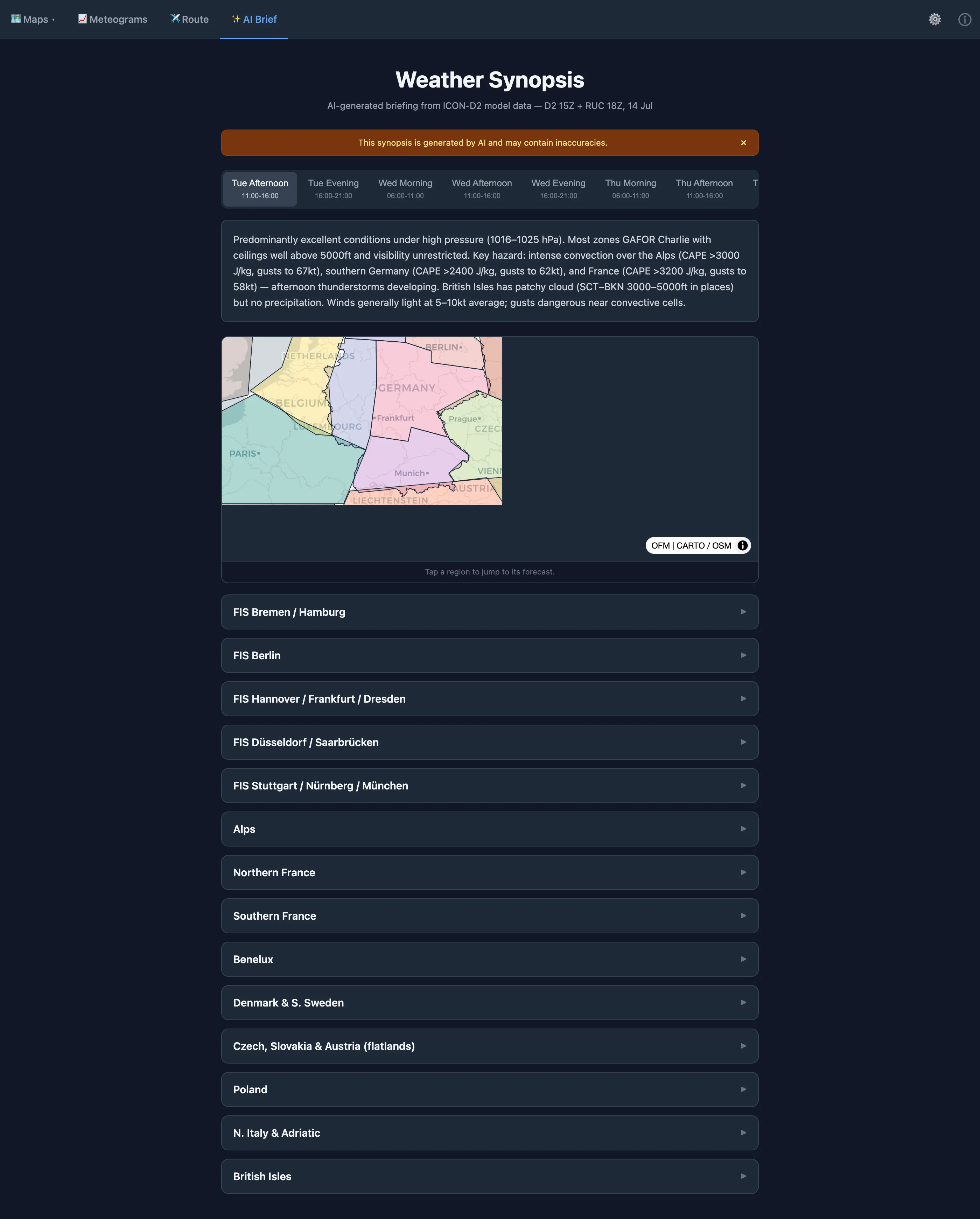 Full ClearToFly Synopsis page for a summer day. Timeblock tabs at the top run across five days in three-block increments. Below, a coloured map of Central Europe shows 14 zone polygons — FIS Bremen / Hamburg (north-west), FIS Berlin (north-east), FIS Hannover / Frankfurt / Dresden (centre), FIS Düsseldorf / Saarbrücken (west), FIS Stuttgart / Nürnberg / München (south), Alps, Benelux, and others. Each zone card below shows a per-timeblock AI-generated paragraph plus aggregate stats: percentages below ceiling / visibility thresholds, temperature range, wind, CAPE.