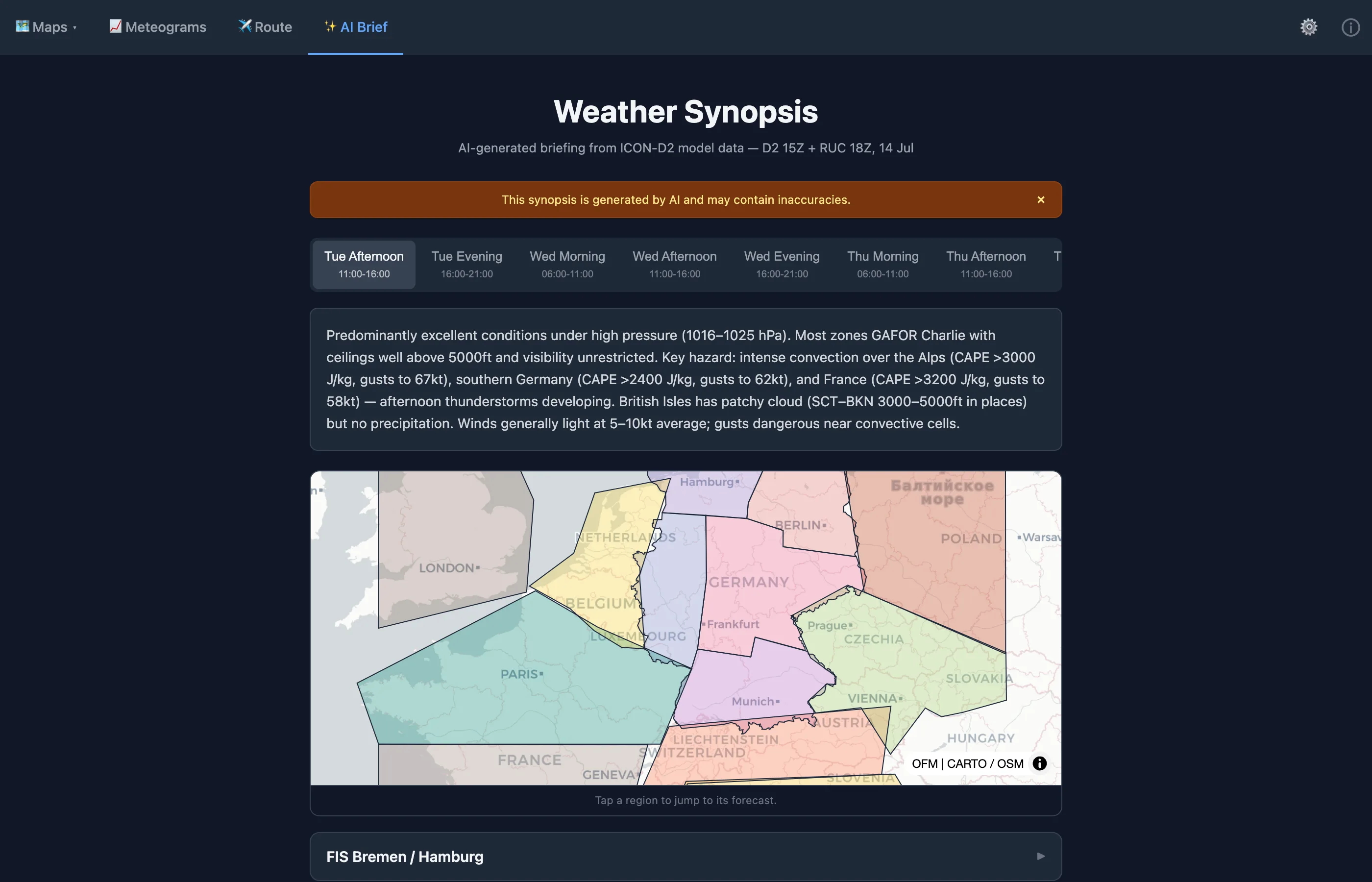 Top of the ClearToFly AI Synopsis page: title 'Weather Synopsis', subtitle 'AI-generated briefing from ICON-D2 model data', a horizontally-scrolling row of timeblock tabs (Tue Afternoon, Tue Evening, Wed Morning, Wed Afternoon, ...) covering the next five days in morning / afternoon / evening blocks, a coloured zone map of Central Europe with 14 aviation zones outlined, and a first zone card 'FIS Bremen / Hamburg'.